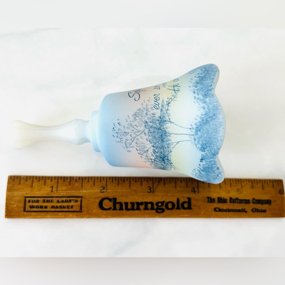 Fenton Vintage Signed Art Glass Blue Satin Hand Painted Bell So Gently He Comes - Picture 9 of 10